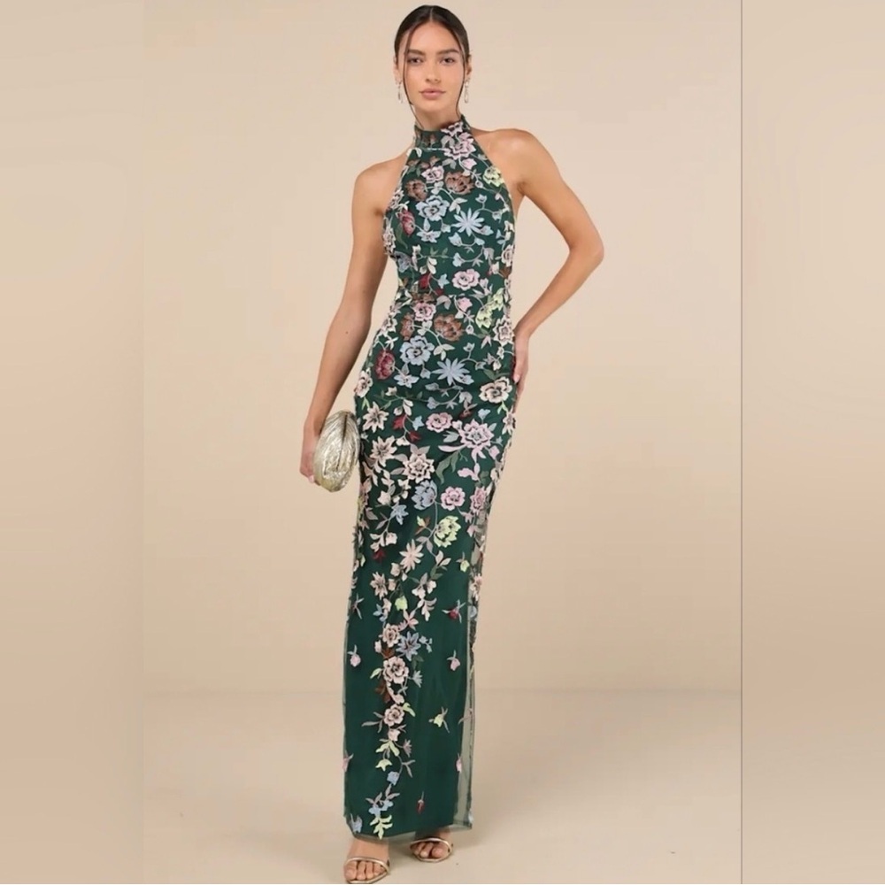 Lulus Infinite Praise Emerald 3D Floral Embroidered Halter Maxi Dress Wedding - Picture 2 of 9